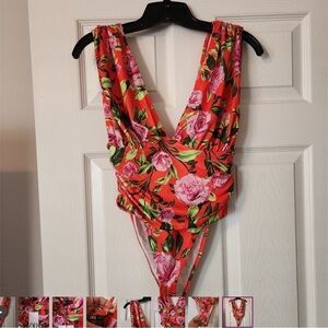 Zara Red and Pink Bodysuit with Bold Floral Design
